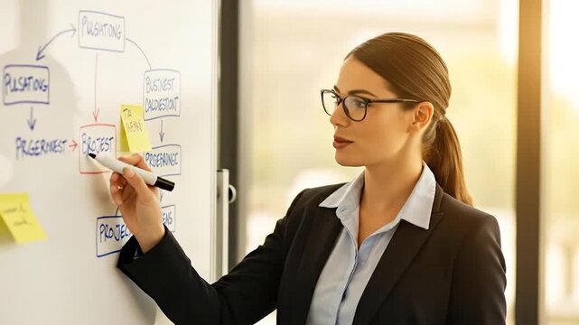 Business woman with glasses writing on whiteboard explaining diagram