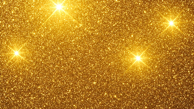 Sparkling golden glitter background with four prominent light flares creating a luxurious and festive texture.
