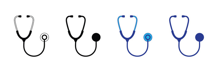 Collection of stethoscope icons in various styles, including line art, solid black, and blue variations, representing medical examination and healthcare diagnostics.