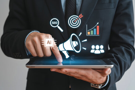 Businessman using tablet with digital marketing and business strategy icons - Powered by Adobe