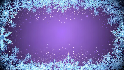 A festive winter frame of intricate blue snowflakes and sparkling glitter on a vibrant purple background.