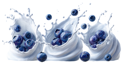 Triple Yogurt Splash with Floating Blueberries Photorealistic on Transparent Background