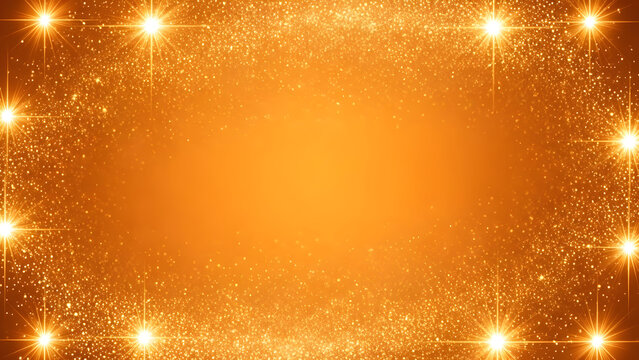 A vibrant golden orange background with sparkling glitter texture and bright starburst light flares forming a festive frame.
