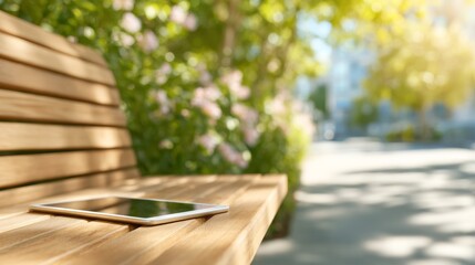Tablet placed on a sunlit wooden bench in a bright urban park with soft bokeh and green foliage