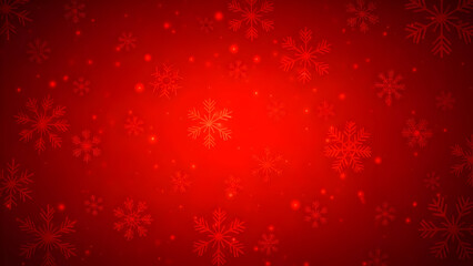 A festive red winter background with a pattern of delicate snowflakes and a soft central glow.