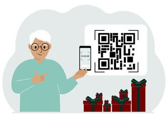 A man holds a mobile phone in his hand with the text scan me and scans the qr code, which is located nearby. Vector flat illustration