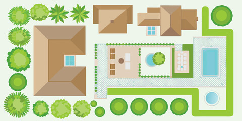 Top down view of a modern house with a swimming pool and landscaped garden design © PabanBiswas