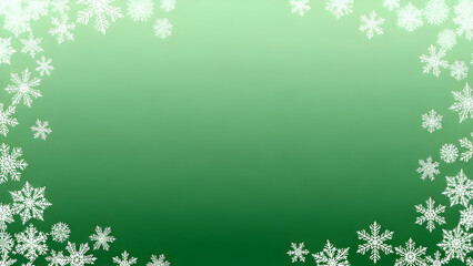 A festive winter background with a border of white snowflakes on a soft green gradient.