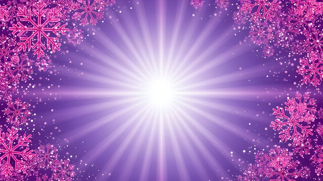 Radiant burst of light on a purple background with pink snowflakes, creating a festive and magical atmosphere.