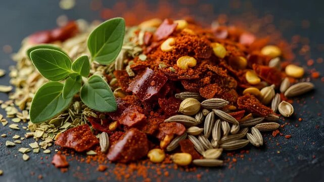 Aromatic Spices and Fresh Herbs on Dark Background
