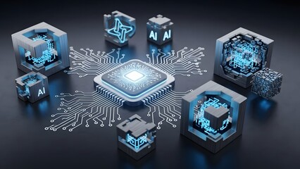 Central processing unit powering a network of interconnected AI cubes, illustrating advanced machine learning, future technology, and intricate data processing systems
