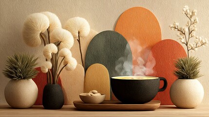 Soup in the bowl with boho style background