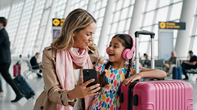 Mother and Daughter Enjoying a Video Call at the Airport Before Their Flight.