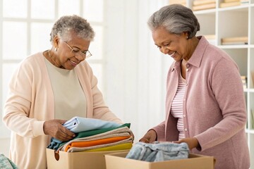 Obraz premium Senior women packing clothes into boxes at home, smiling, organizing garments, teamwork, donation, cozy interior, active aging lifestyle