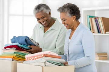 Senior adults sorting clothes into boxes at home, smiling, organizing garments, teamwork, donation, cozy interior, active lifestyle moment
