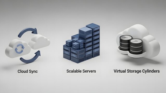 Modern digital technology concept showing data synchronization, scalable network infrastructure, and virtual database storage system
