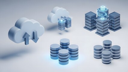 Set of modern isometric icons depicting cloud computing, data transfer, server racks, and database storage for technology concepts