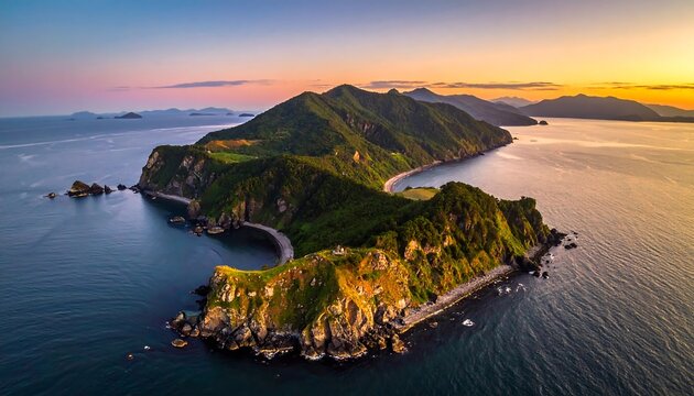 Aerial view captures a lush, green island, bordered by rocky coastlines and serene blue waters at sunrise/sunset, creating a scenic vista - Powered by Adobe