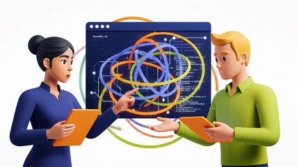 Two 3d cartoon business people collaborating on a coding project displayed on a digital screen with data flow arrows - Powered by Adobe