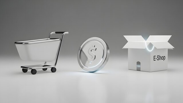 E-commerce concept featuring shopping cart, coin, and an open package symbolizing online shopping and digital transactions