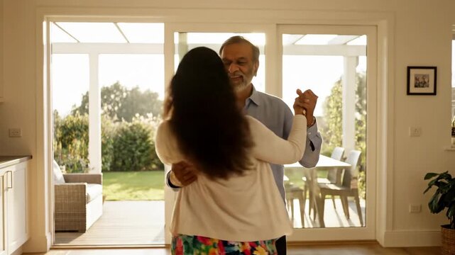 Happy senior couple dancing together in their modern home enjoying a romantic moment.