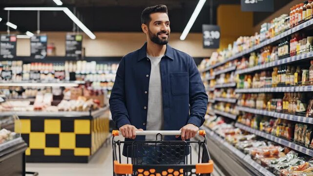 Happy Young Man Shopping for Groceries in a Modern Supermarket.