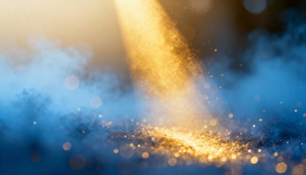 Abstract background with a golden spotlight shining on sparkling glitter. Magical blue smoke and festive bokeh lights for a Christmas or holiday concept - Powered by Adobe