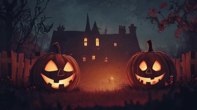 Video Two carved pumpkins sit on the porch steps, lit up for Halloween night