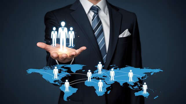 Businessman holding glowing human figures above a digital world map representing global connections and teamwork