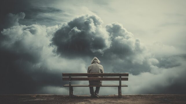 A person wearing a hooded jacket sits quietly on a bench gazing at an overcast sky filled with dark swirling clouds suggesting a moment of deep thought and reflection.