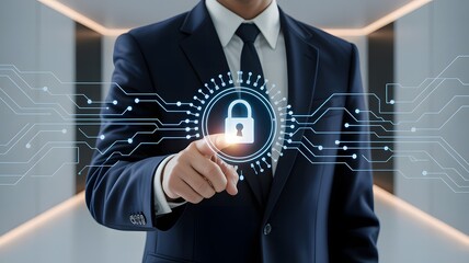 Businessman touching digital padlock icon representing cyber security and data protection in a modern office