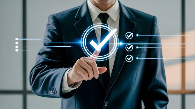 Businessman touching a glowing check mark symbol on a digital interface representing completion and success