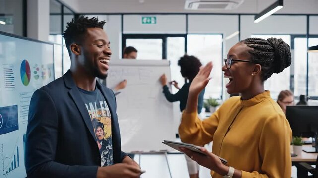 Diverse professionals collaborating on data visualization in a modern office setting