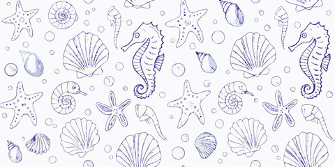 Charming hand drawn blue ink sketch of seahorses starfish shells and bubbles seamless pattern