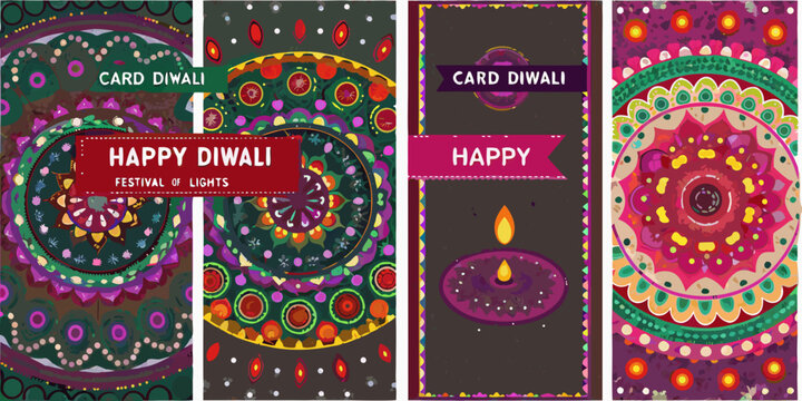 Set of four colorful and decorative diwali greeting cards with traditional indian mandala patterns and festival of lights motifs