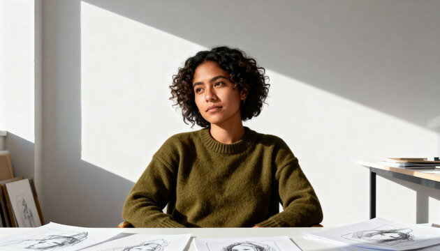 Thoughtful young artist sitting at a desk with her drawings in a sunlit studio. Creative woman looking for inspiration at her workspace. Portrait of a contemplative illustrator - Powered by Adobe
