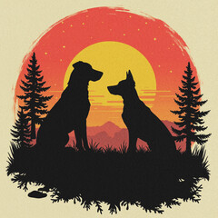 Silhouette of two dogs enjoying sunset in the mountain landscape