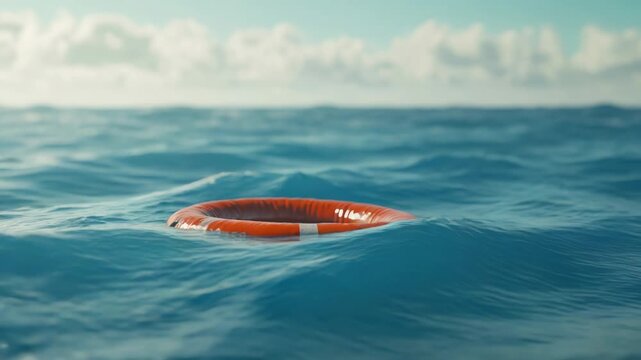 Video A life preserver floating in the middle of the ocean, suitable for use as a symbol or in various contexts