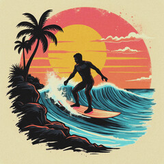 Surfer riding a wave at sunset with palm trees silhouette image