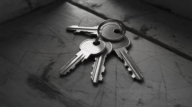 Set of Metal Keys on Scuffed Wooden Floor near Doorway, Overhead Tilt