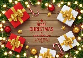 Festive christmas and new year greeting card with gifts, candy canes, pine branches, and fairy lights on a rustic wooden background