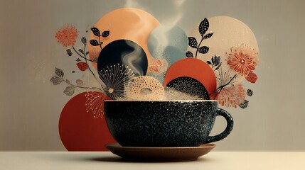 Flat boho illustration of a warm bowl of soup with steam swirling into abstract shapes, earthy muted colors, simple cozy elements, minimal geometric background