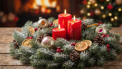 Christmas composition featuring a circle of snow-covered spruce branches with three burning red candles in the center, decorated with festive ornaments. Cozy winter holiday background for Christmas an