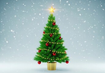 A vibrant and festive christmas tree adorned with red baubles and golden lights, standing tall in a pot with a snowy background and a glowing star on top