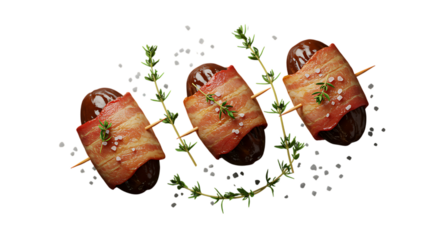 Bacon wrapped dates with thyme and sea salt on transparent background