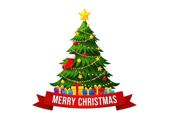 Vibrant cartoon illustration of a decorated christmas tree with a star, ornaments, lights, presents, and a red banner saying merry christmas