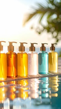 Colorful cosmetic bottles with pumps on ledge reflecting in swimming pool water at sunset, featuring spa beauty products