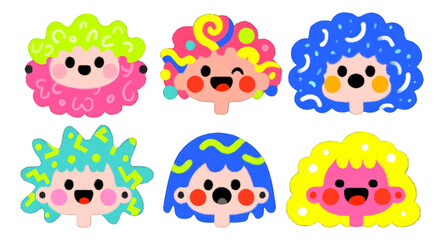 Fototapeta premium Colorful Cartoon Hair Illustrations Featuring Playful Characters with Fun Styles