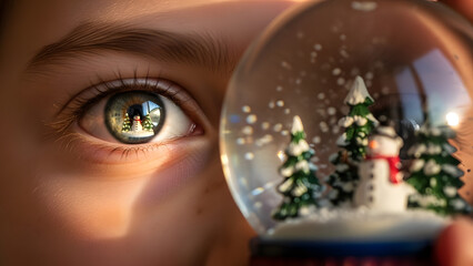 Eye reflecting a christmas scene in a snow globe