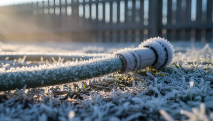 Frozen garden hose covered in ice crystals on frosty grass. Winter morning sunlight in backyard. Cold weather concept